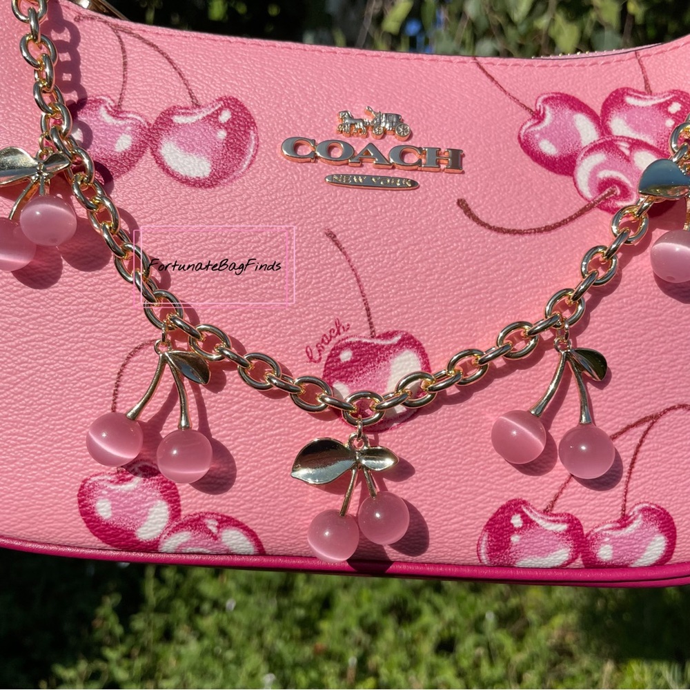 Pink Crystal Cherry Bag Charm Chain Novelty Purse Strap Baby Pink Cherries Charm - Picture 9 of 14